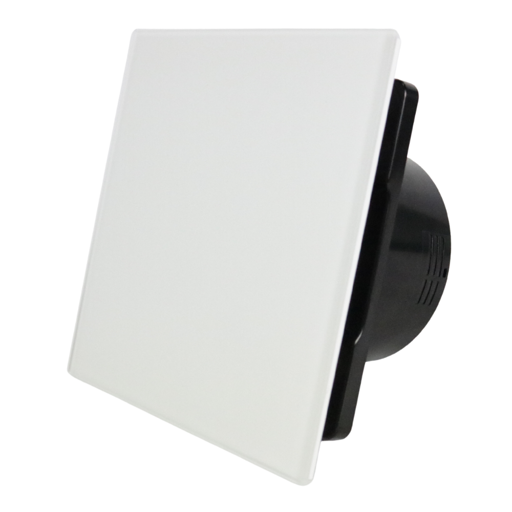 Whisper Pro-Design badkamerventilator - Ø100mm - aan/uit - vlak glas - mat wit - zwarte ventilator afbeelding 1