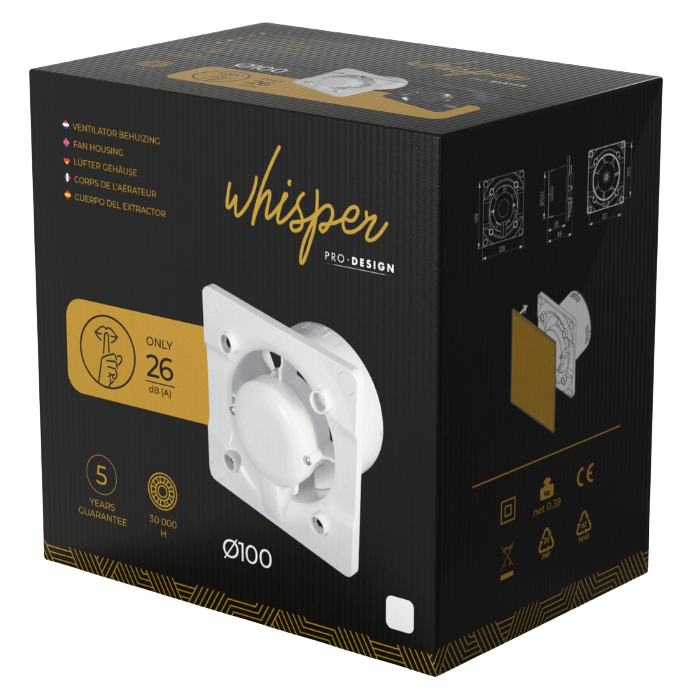 Whisper pro-design badkamerventilator - Ø100mm - met nalooptimer en vochtsensor - bold line - kunststof - wit Whisper pro-design badkamerventilator - Ø100mm - met nalooptimer en vochtsensor - bold line - kunststof - wit