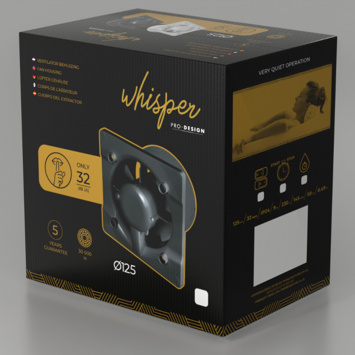 Whisper Pro-Design badkamerventilator - Ø125mm - aan/uit - gebogen kunststof - wit - zwarte ventilator