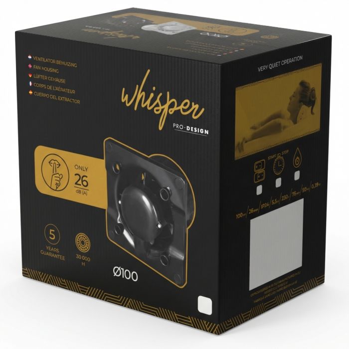 Whisper Pro-Design badkamerventilator - Ø100mm - met nalooptimer + vochtsensor - vlak kunststof - mat zwart - zwarte ventilator