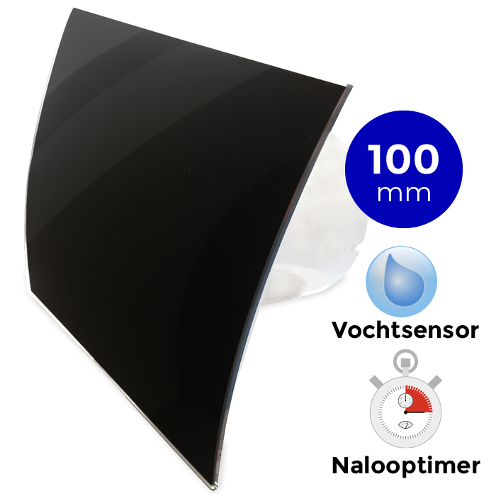 Badkamer/toilet ventilator - met timer & vochtsensor - Ø100mm - gebogen glas - glans zwart