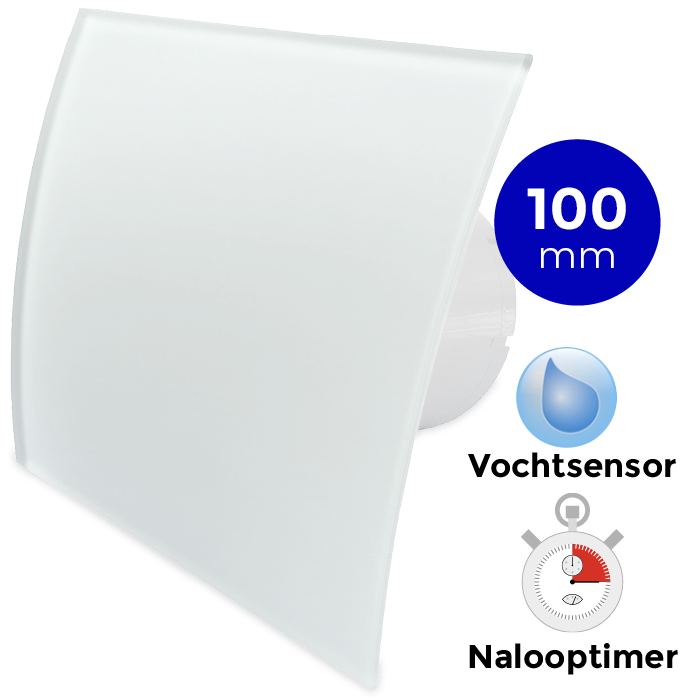 Badkamer/toilet ventilator - met timer & vochtsensor - Ø100mm - gebogen glas - mat wit