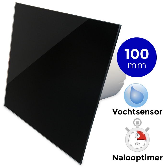 Badkamer/toilet ventilator - met timer & vochtsensor - Ø100mm - vlak glas - glans zwart