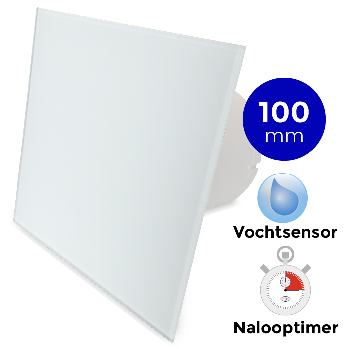 Badkamer/toilet ventilator - met timer & vochtsensor - Ø100mm - vlak glas - mat wit