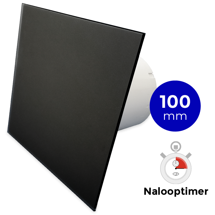 Badkamer/toilet ventilator - met timer - Ø100mm - vlak glas - mat zwart