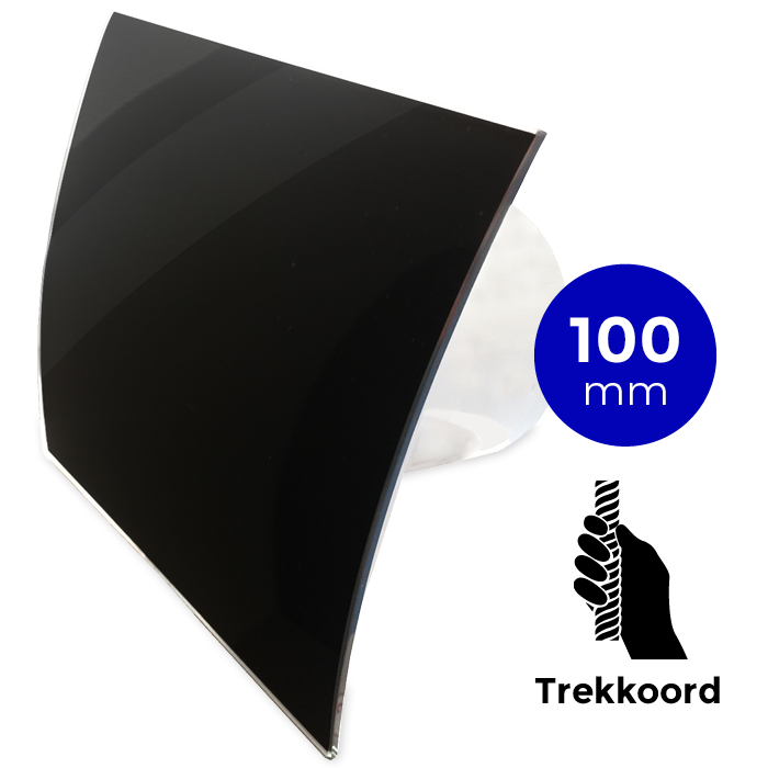 Badkamer/toilet ventilator - trekkoord - Ø100mm - gebogen glas - glans zwart