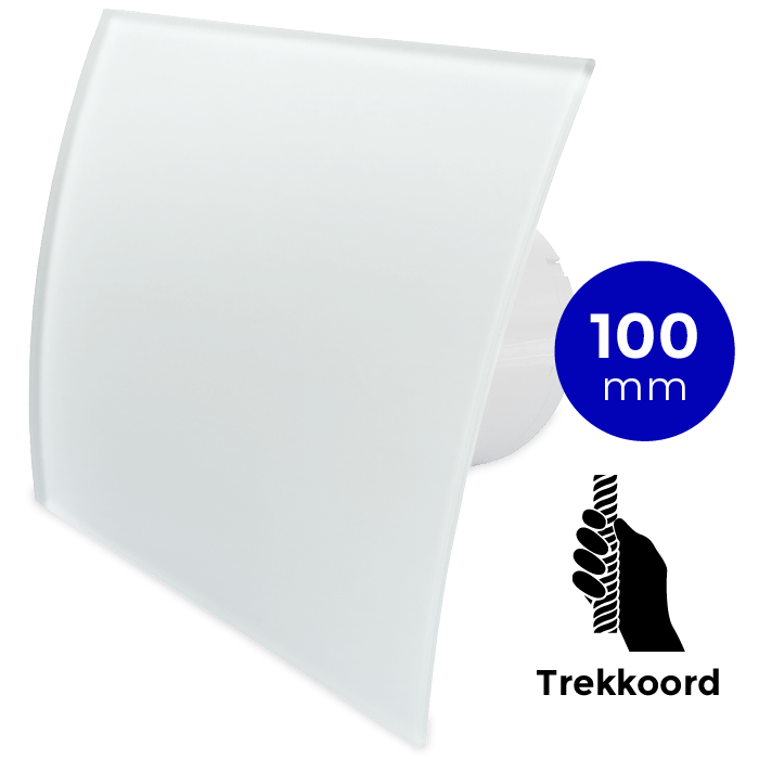 Badkamer/toilet ventilator - trekkoord - Ø100mm - gebogen glas - mat wit