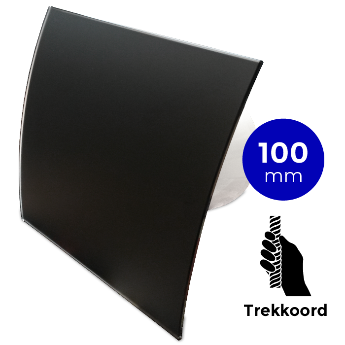 Badkamer/toilet ventilator - trekkoord - Ø100mm - gebogen glas - mat zwart