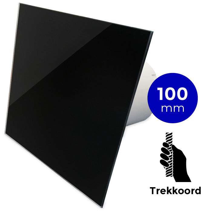 Badkamer/toilet ventilator - trekkoord - Ø100mm - vlak glas - glans zwart