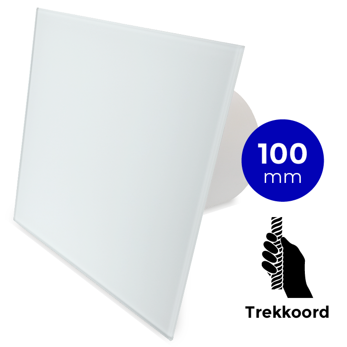 Badkamer/toilet ventilator - trekkoord - Ø100mm - vlak glas - mat wit