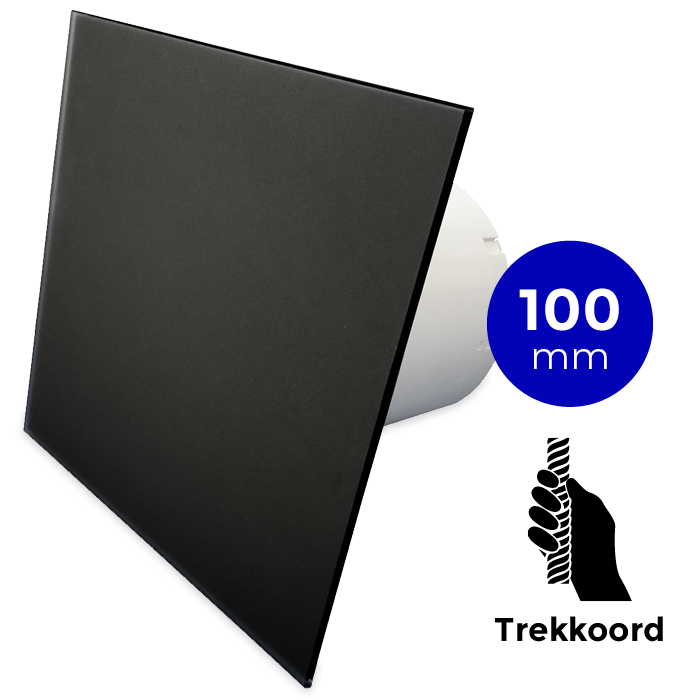 Badkamer/toilet ventilator - trekkoord - Ø100mm - vlak glas - mat zwart