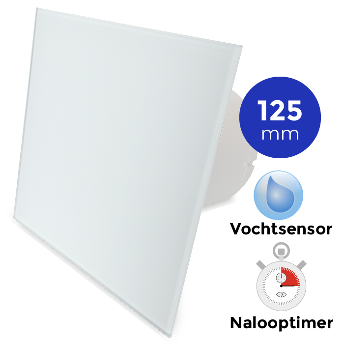 Badkamer/toilet ventilator - met timer & vochtsensor - Ø125mm - vlak glas - mat wit