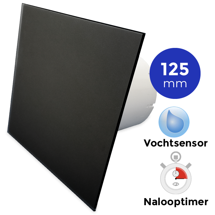 Badkamer/toilet ventilator - met timer & vochtsensor - Ø125mm - vlak glas - mat zwart