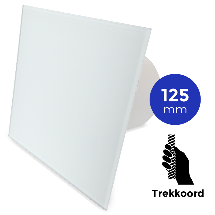 Badkamer/toilet ventilator - trekkoord - Ø125mm - vlak glas - mat wit