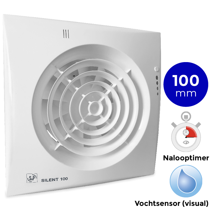 S&P Silent 100 CHZ Visual TIMER + VOCHTSENSOR Badkamer/ toilet ventilator - Ø100mm