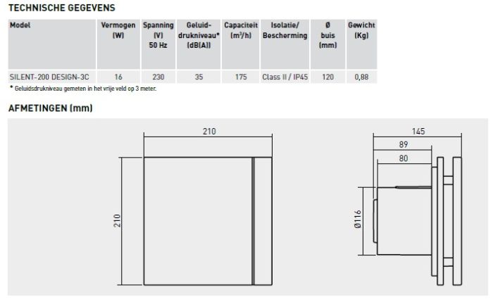 S&P Silent Design 200 CHZ TIMER + VOCHTSENSOR Badkamer/ toilet ventilator - Ø120mm (zilver)