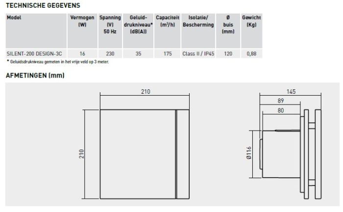 S&P Silent Design 200 CZ aan/uit Badkamer/ toilet ventilator - Ø120mm