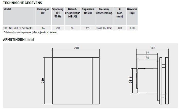 S&P Silent Design 200 CZ aan/uit Badkamer/ toilet ventilator - Ø120mm (zilver)