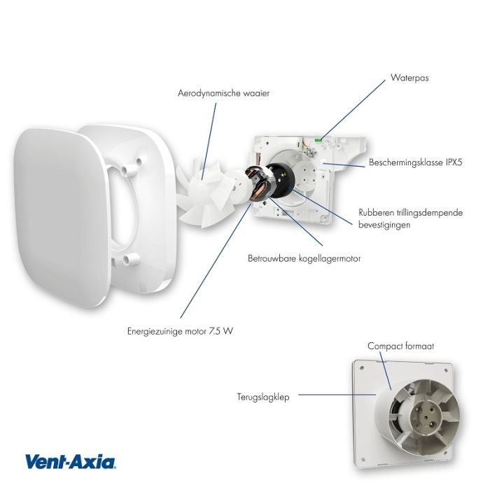 Vent-Axia Supra design 100HT badkamerventilator - timer & vochtsensor - 90 m3/h - Ø100mm